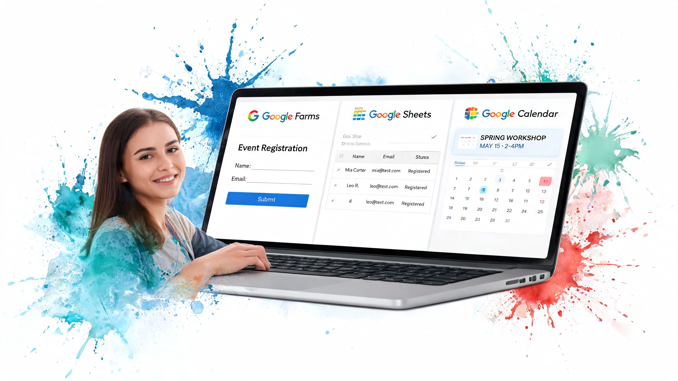 A woman using a laptop displaying an event registration tool integrated with Google Sheets and Calendar.