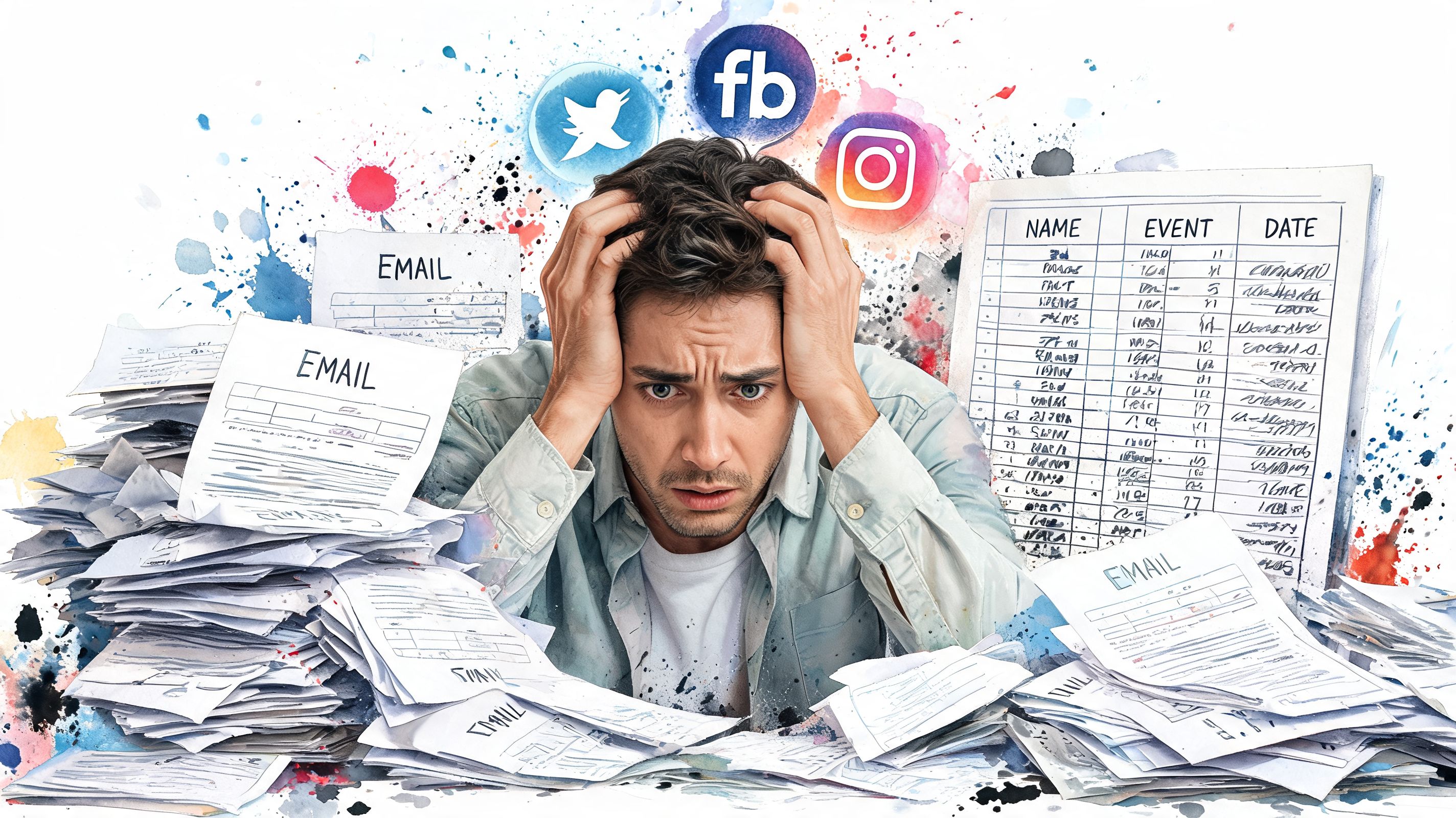 A stressed man overwhelmed by paperwork, emails, and social media notifications while managing event planning tasks.