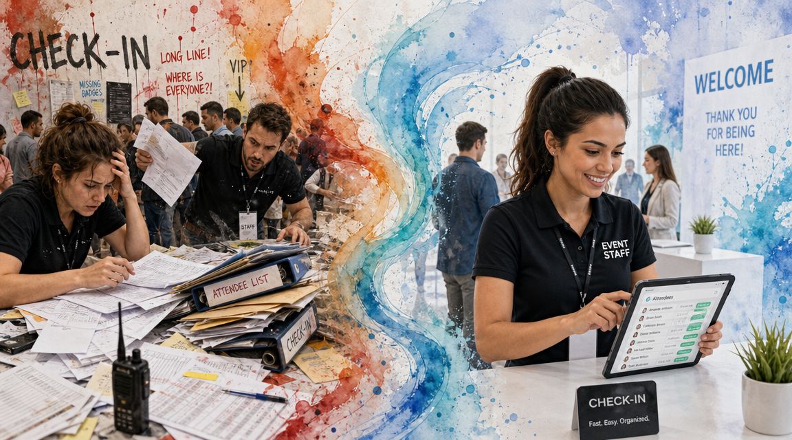 A split comparison showing stressed manual event check-in versus organized digital check-in using an event app.