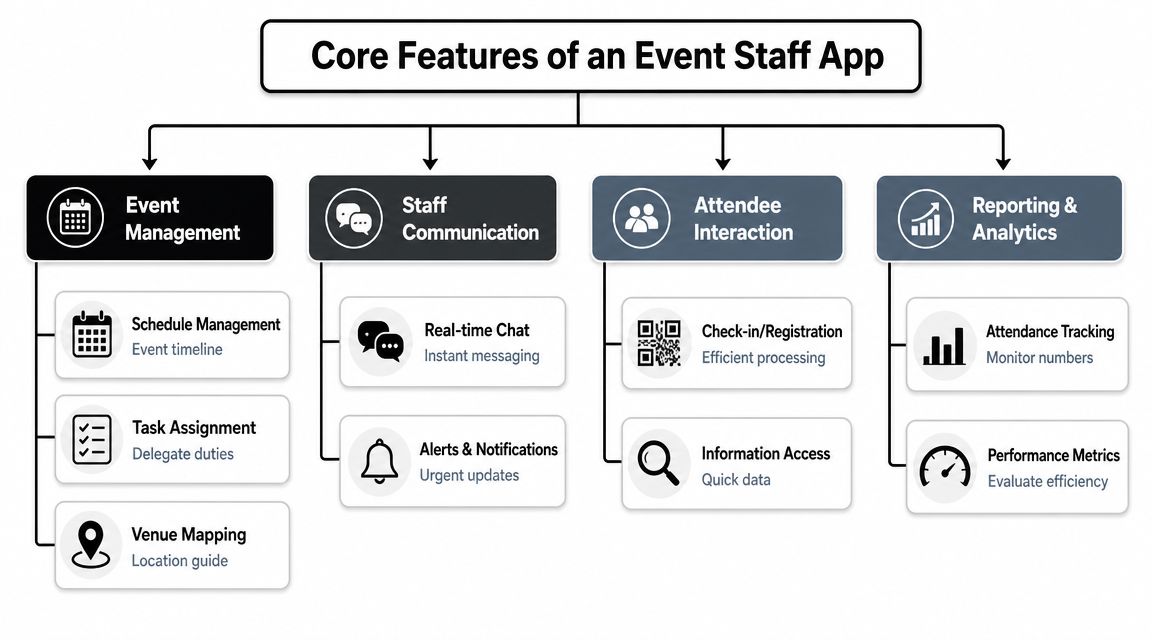 A diagram illustrating the core features of an event staff app divided into four main categories.