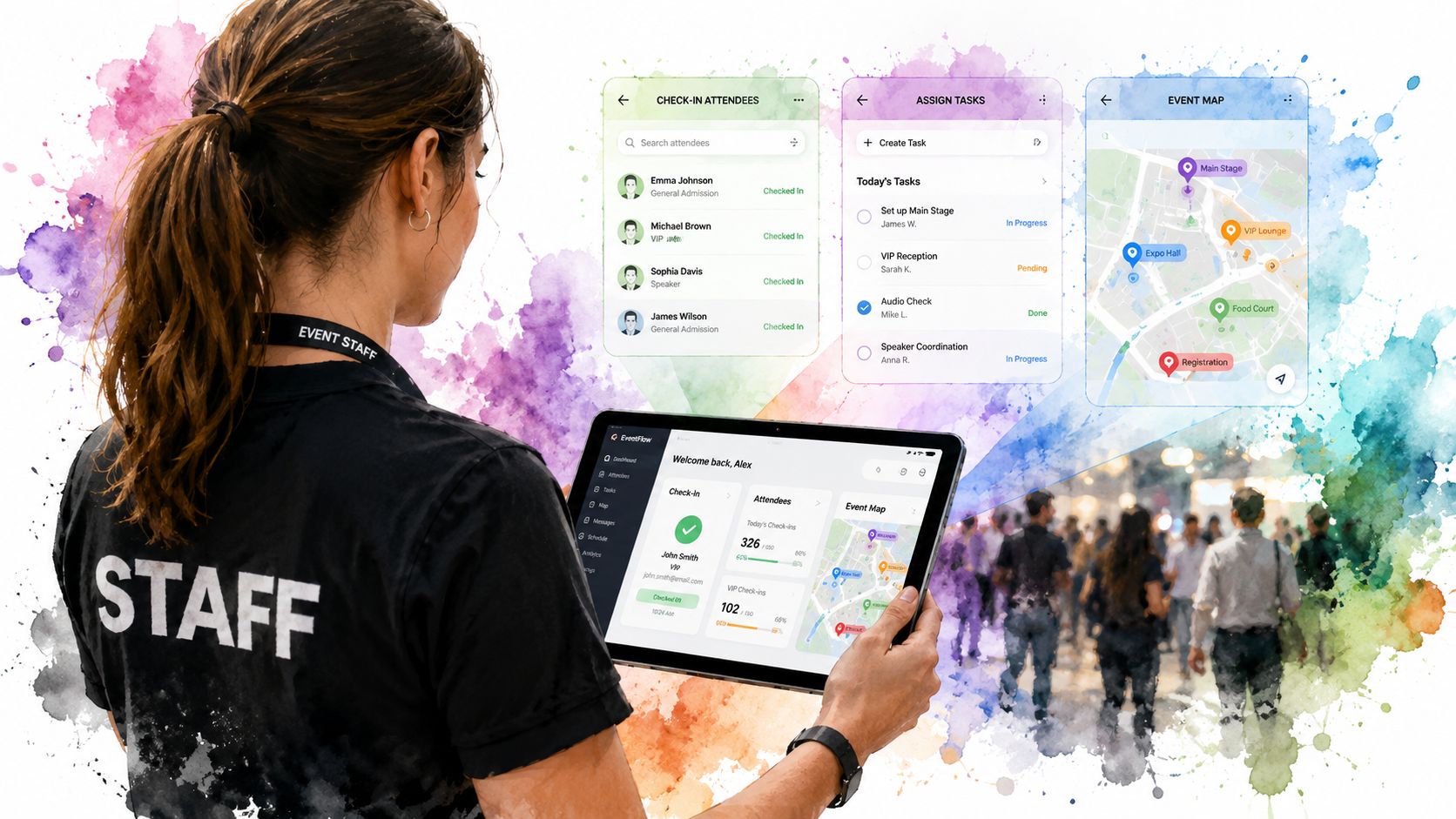 An event staff member holds a tablet displaying event management software with attendee check-in and task lists.