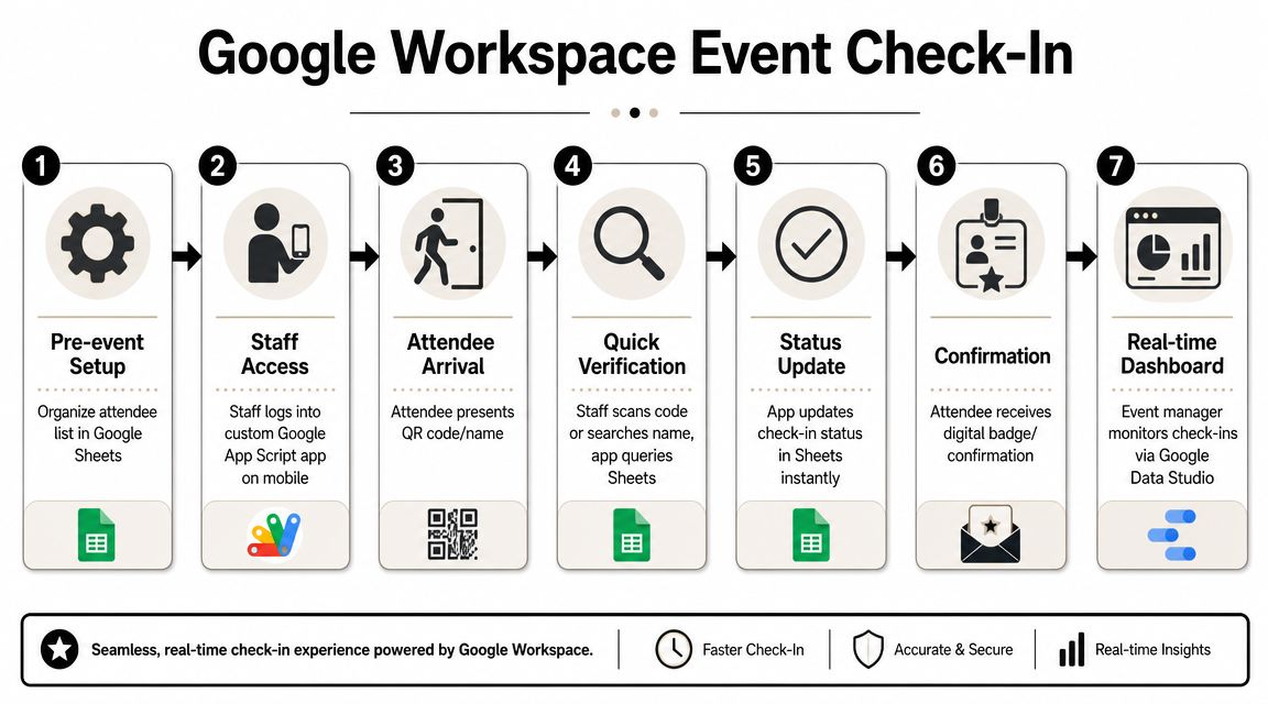 A flowchart demonstrating the seven-step Google Workspace event check-in process from setup to real-time dashboard analytics.