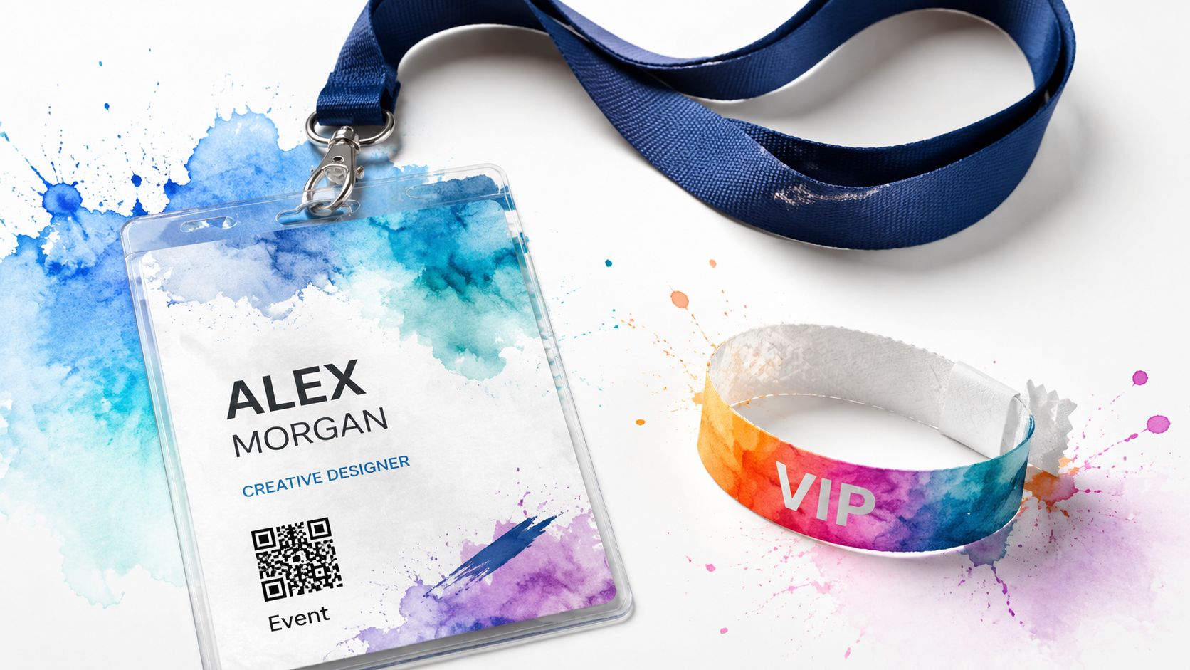 A professional ID badge and a colorful VIP wristband resting on a clean white background.