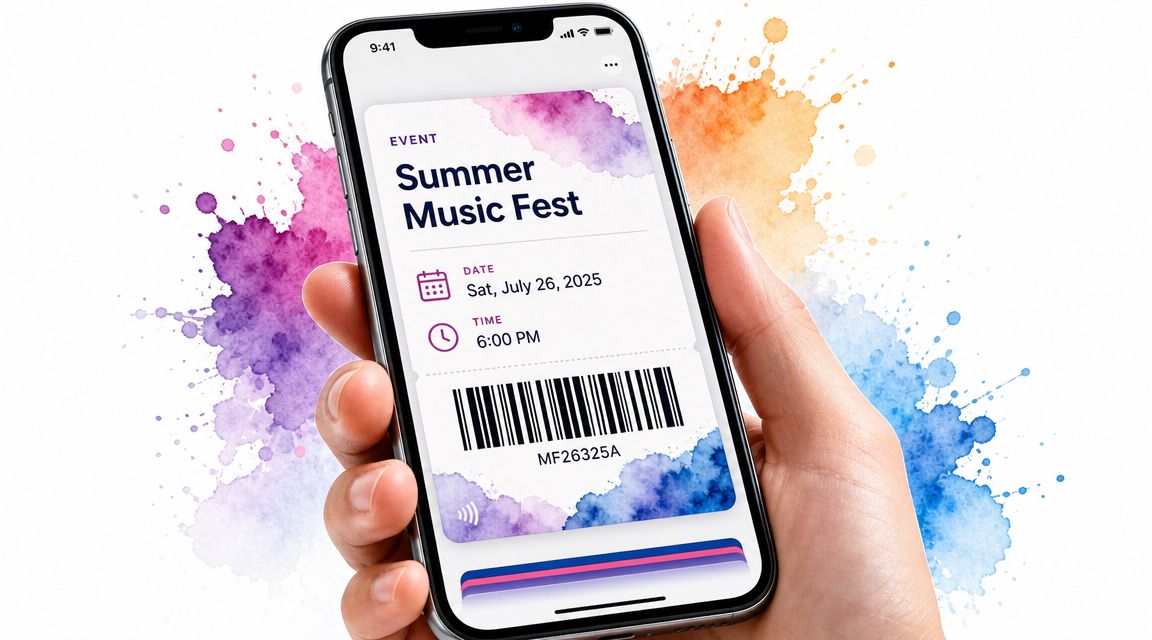 A hand holding a smartphone displaying a digital Summer Music Fest event ticket with a barcode.