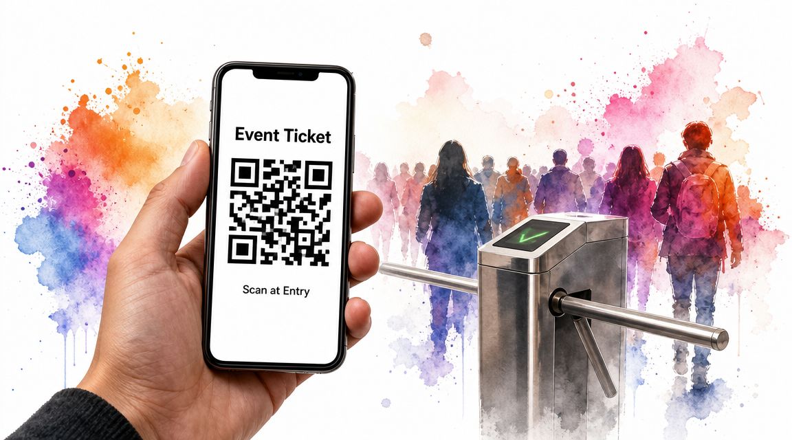 A hand holding a smartphone displaying a digital event ticket with a QR code at an entrance.