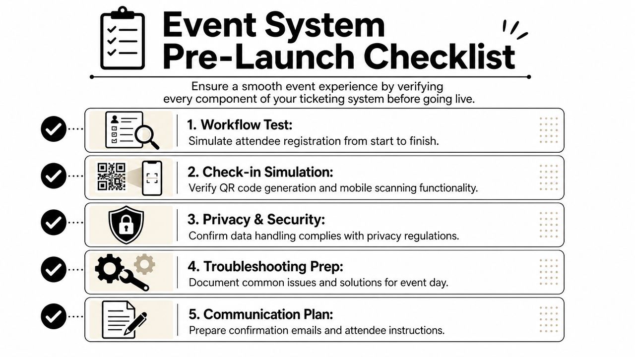 An event system pre-launch checklist with five essential steps for ensuring a smooth ticketing experience.