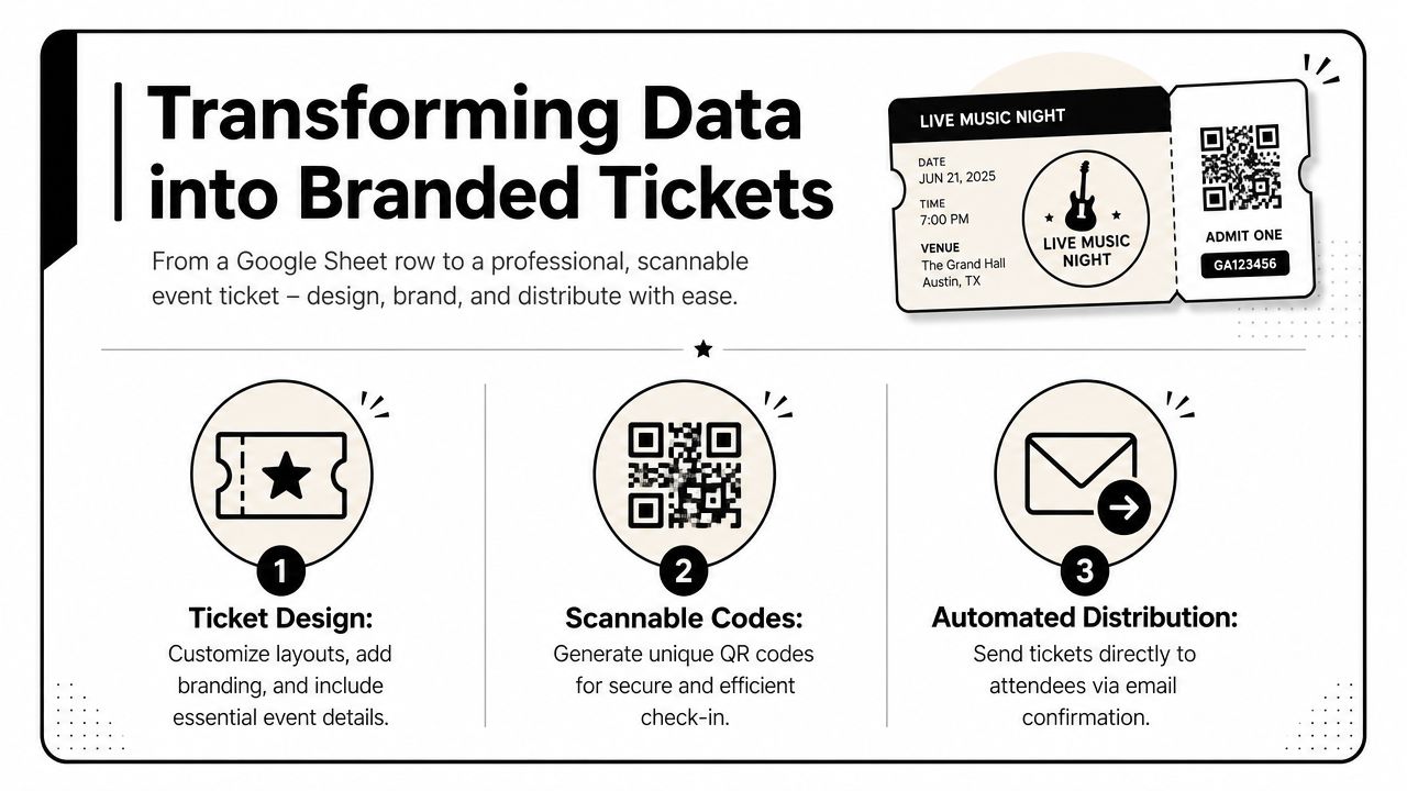 A graphic showing the workflow of transforming Google Sheet data into branded, scannable event tickets for attendees.