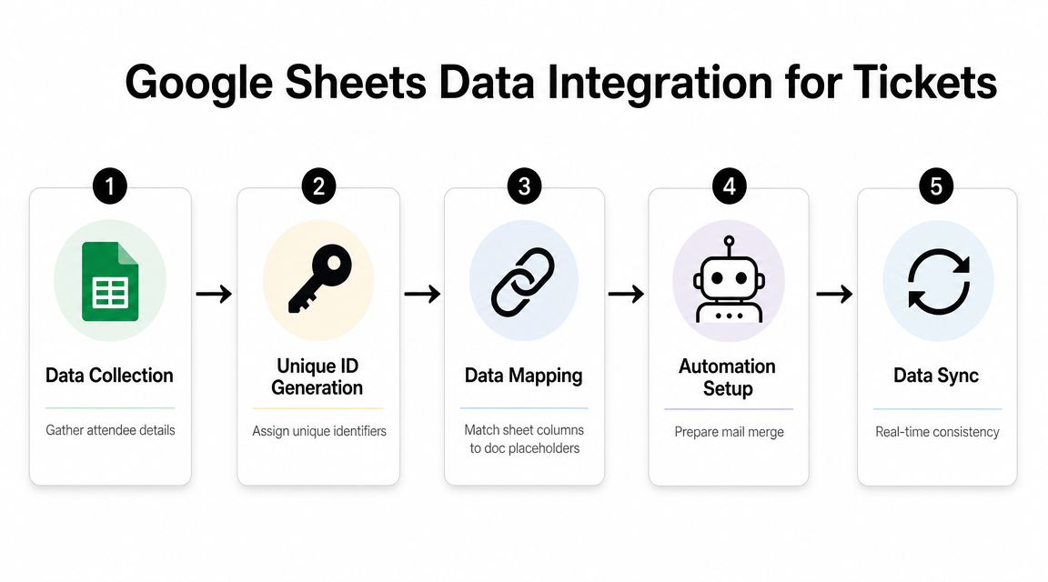 A five-step infographic showing the workflow for integrating Google Sheets data to create automated ticket templates.