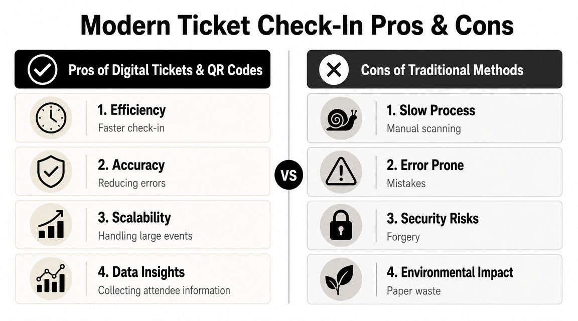 A comparison chart showing the benefits of digital ticket check-in against traditional paper ticket disadvantages.