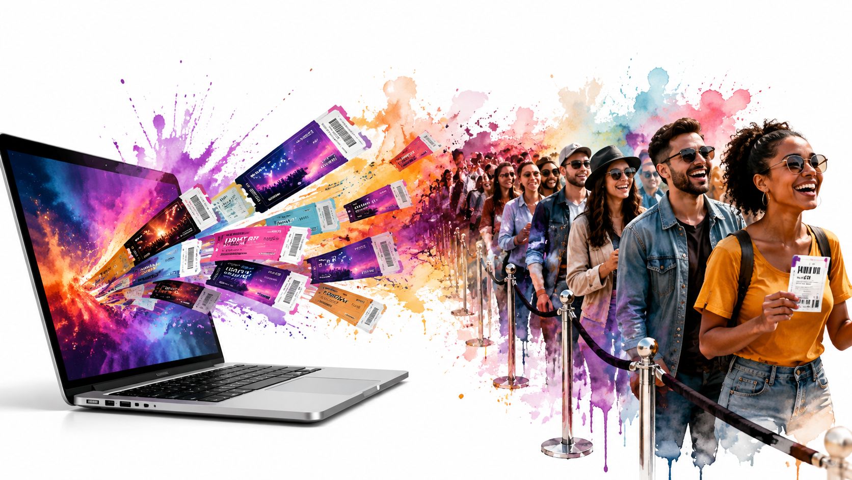 A digital illustration shows a laptop emitting colorful event tickets that people in a queue are excited to receive.