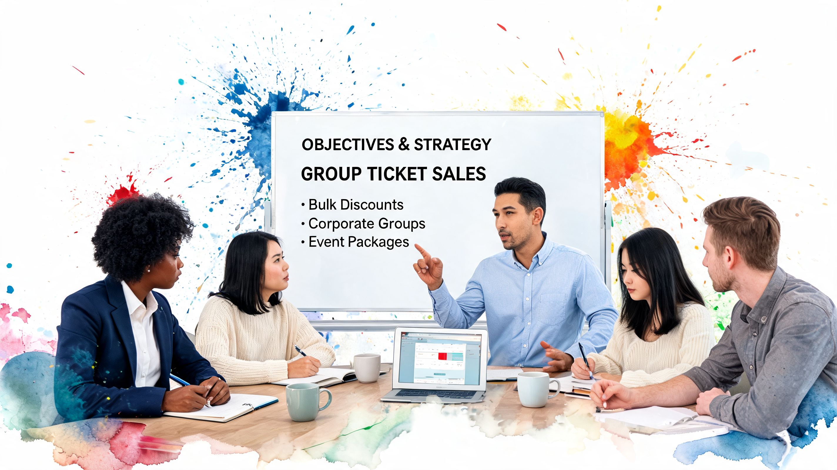 A diverse group of professionals discussing group ticket sales strategies in a bright, modern business meeting.