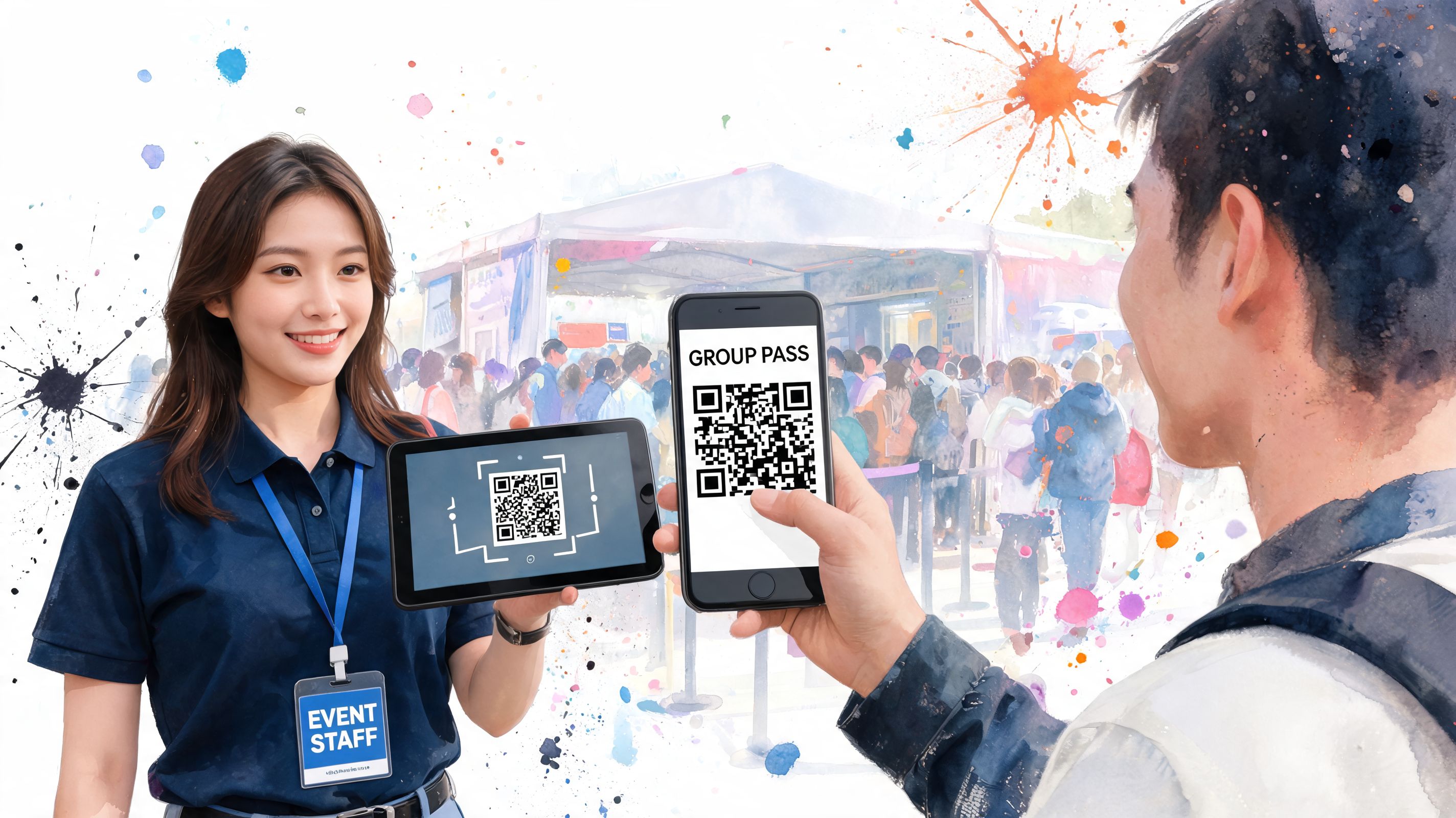 An event staff member scanning a group pass QR code from a visitor's smartphone at an entrance.