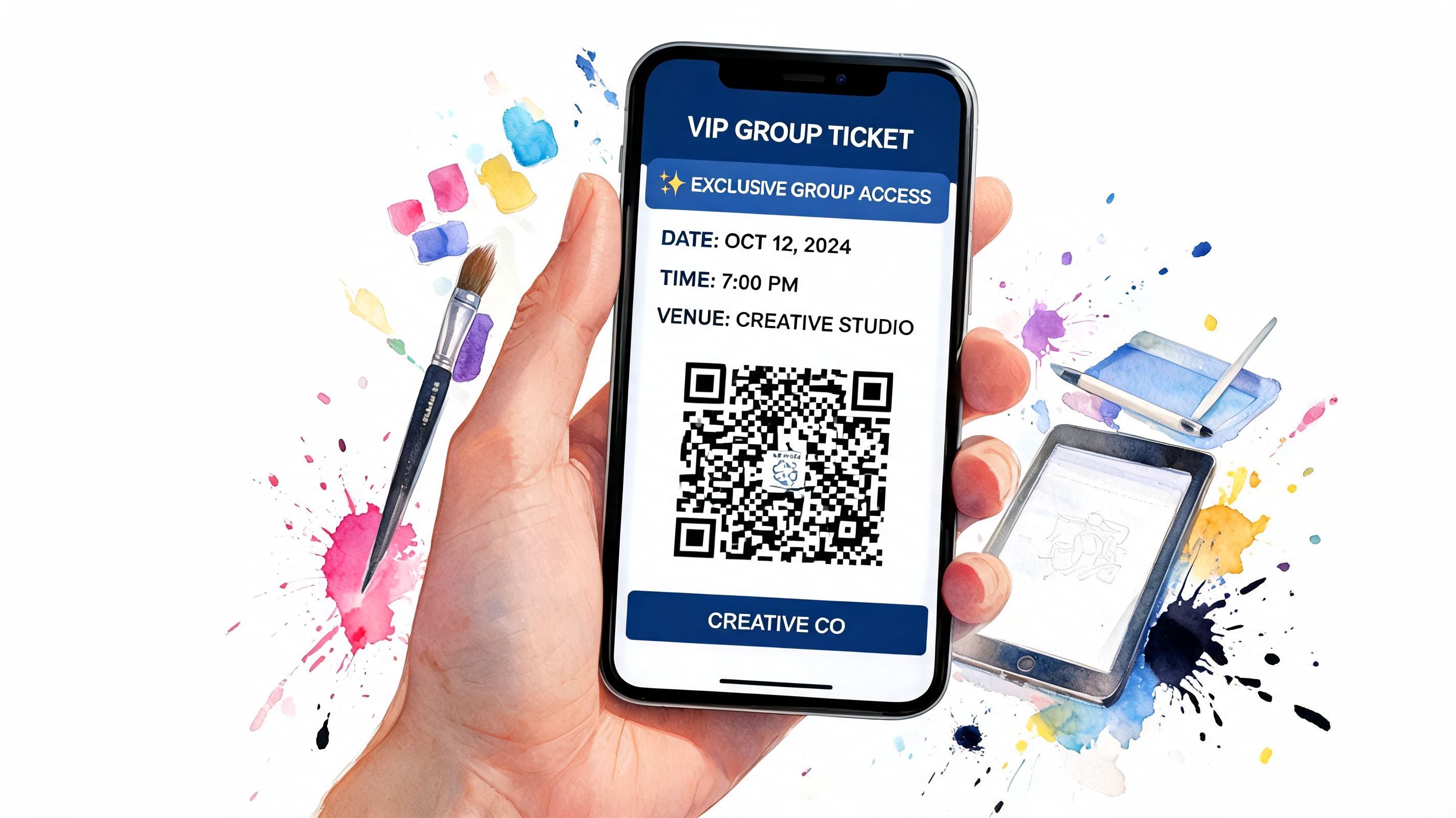 A hand holding a smartphone displaying a digital VIP group ticket with a QR code and event details.