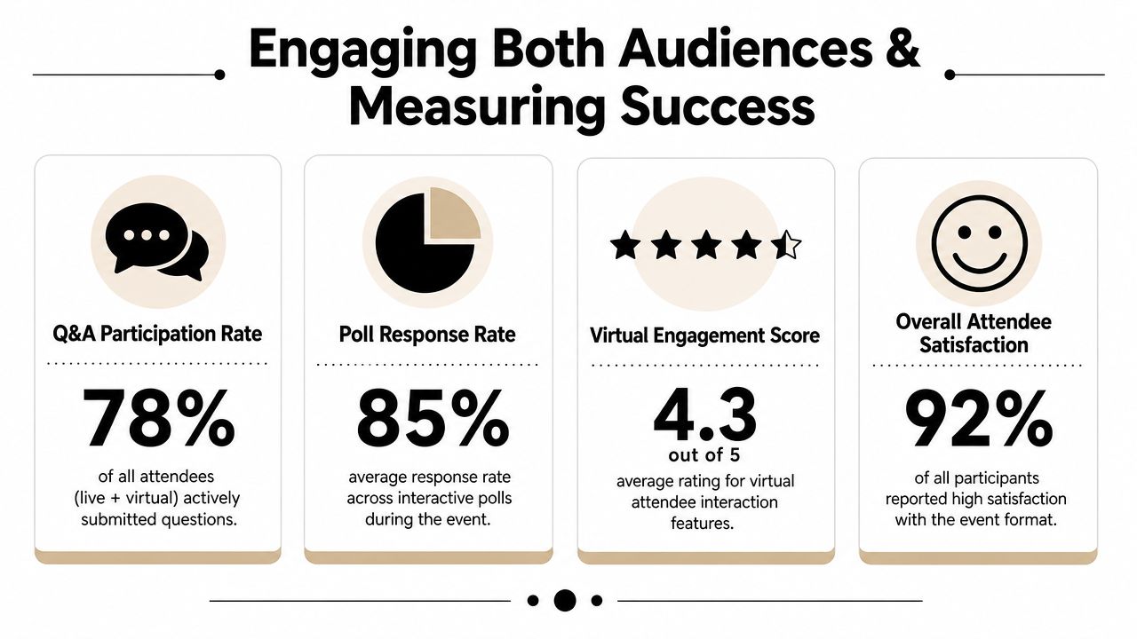 An infographic displaying metrics for hybrid event engagement including participation rates, poll responses, and satisfaction scores.