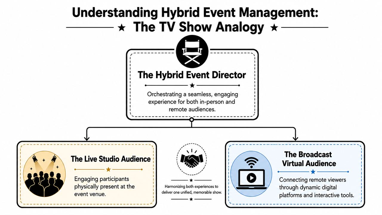 An infographic diagram explaining hybrid event management by comparing it to a television show production process.