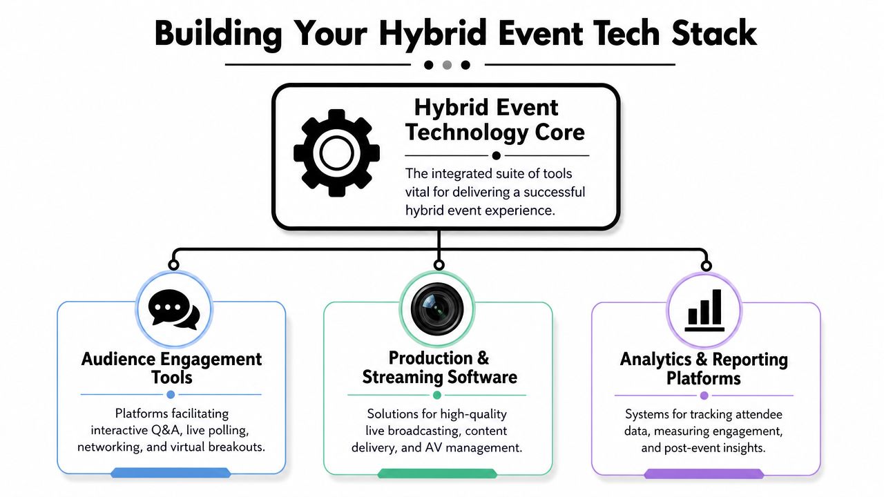 A diagram outlining the essential components of a hybrid event technology stack including engagement, production, and analytics.
