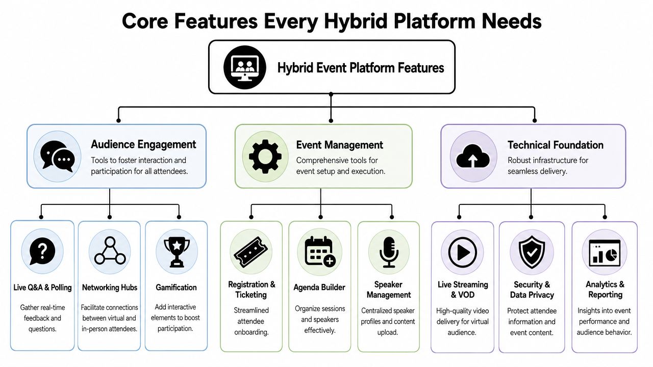 A flowchart detailing the core features required for a successful hybrid event platform, categorized by functionality.