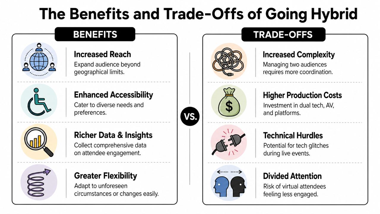 A comparison chart highlighting the main benefits and trade-offs of hosting hybrid events for audiences.