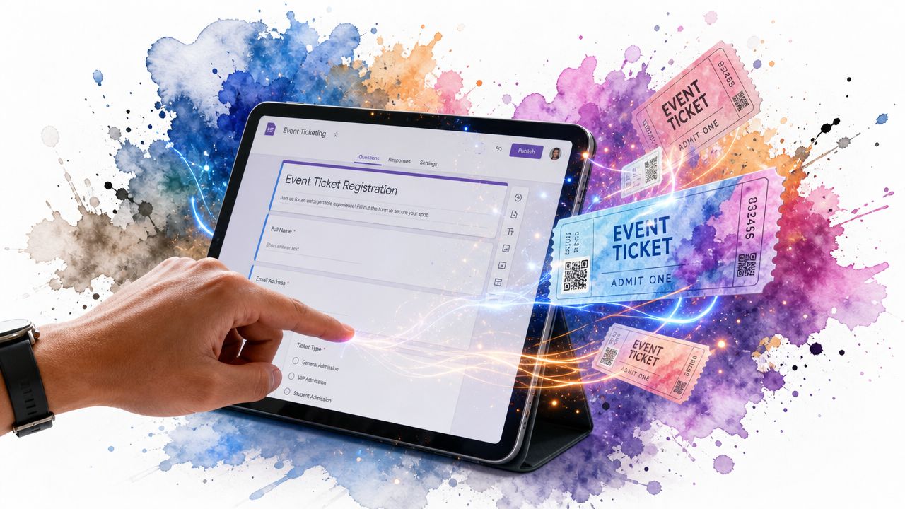 A person using a tablet to register for an event, with digital event tickets appearing nearby.