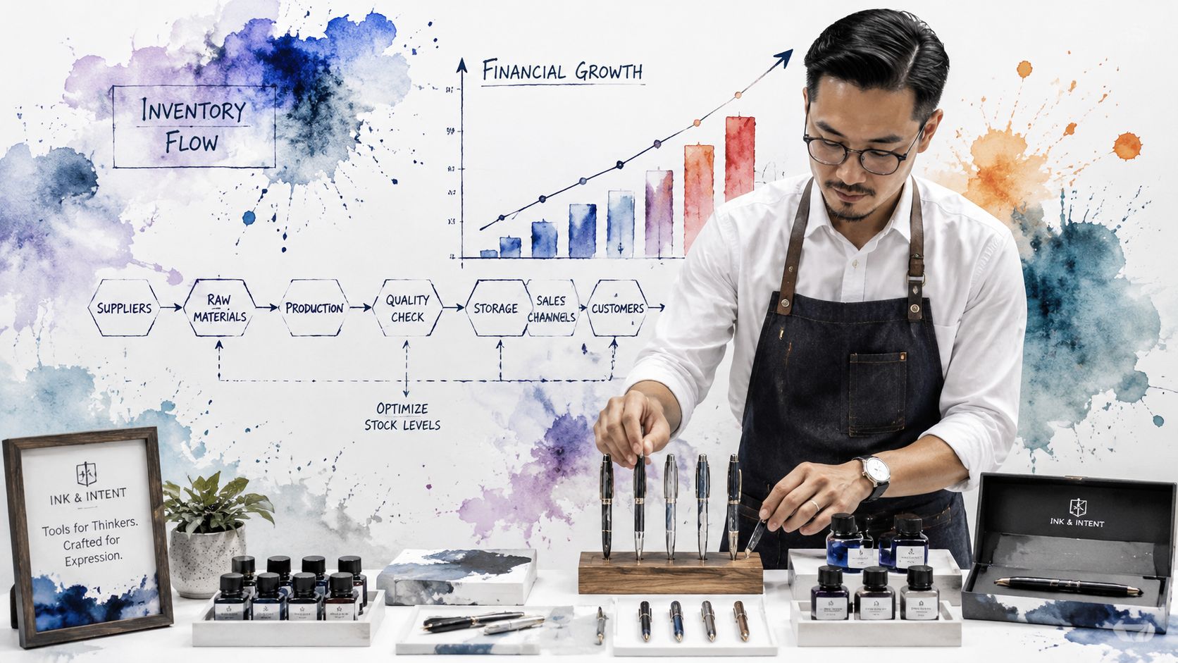A craftsman arranging high-quality pens on a desk with a business growth chart in the background.