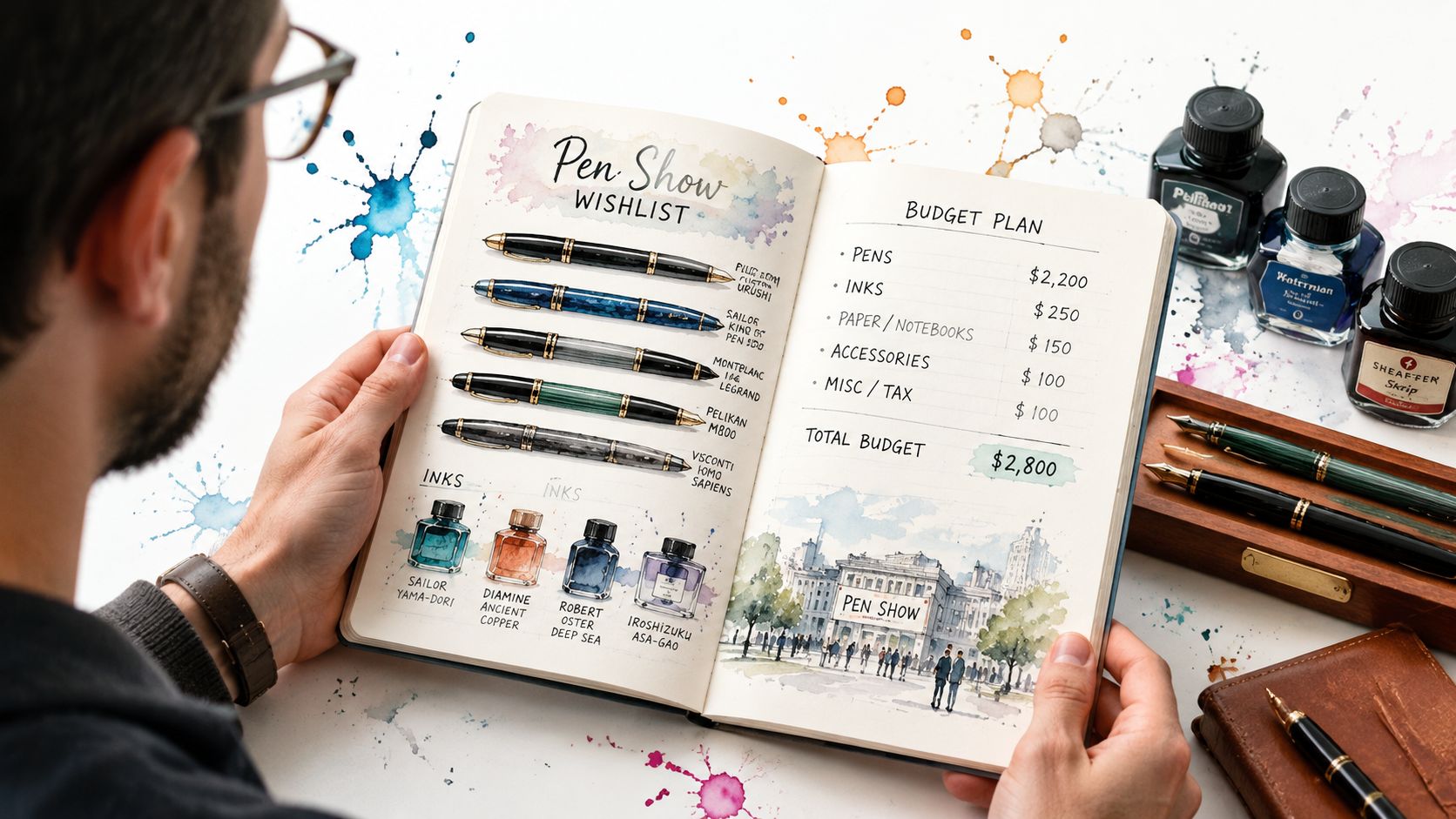 A person holding an open notebook featuring a detailed handwritten pen show wishlist and budget plan.