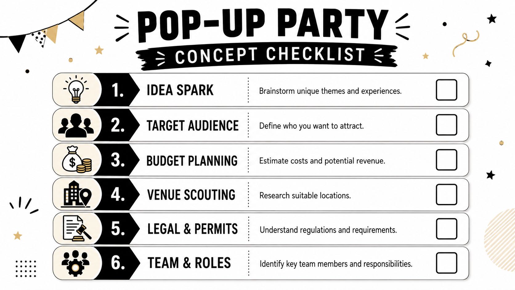 A six-step checklist for planning a pop-up party including ideas, target audience, budget, venue, legal, and team.