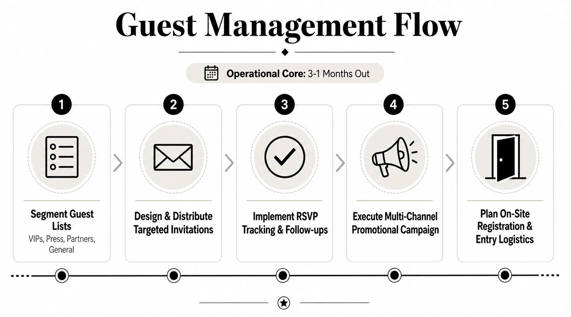 A five-step flowchart illustrating a professional guest management process for organizing successful events.