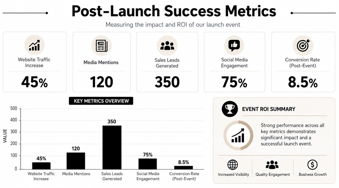 A performance infographic showing key success metrics from a business product launch event in charts and icons.