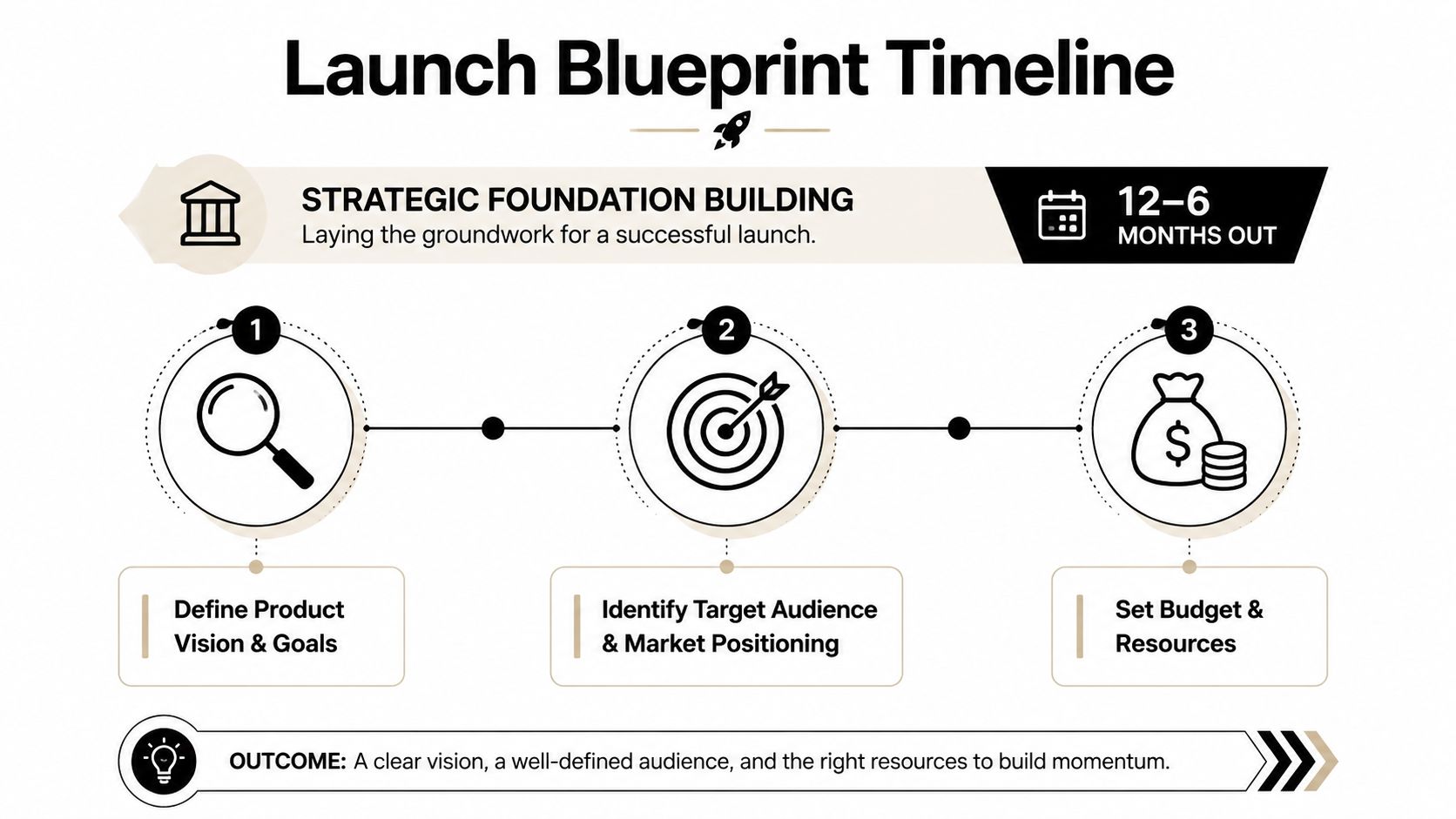 A strategic timeline infographic showing three steps to build a product launch foundation for a successful event.