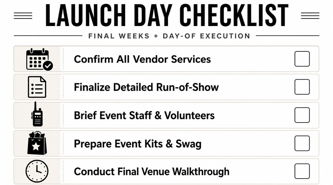 A launch day event planning checklist infographic with five action items for event management and execution.