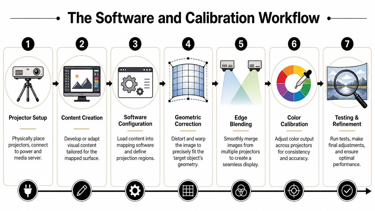 A seven-step process infographic illustrating the software and calibration workflow for professional projection mapping installations.