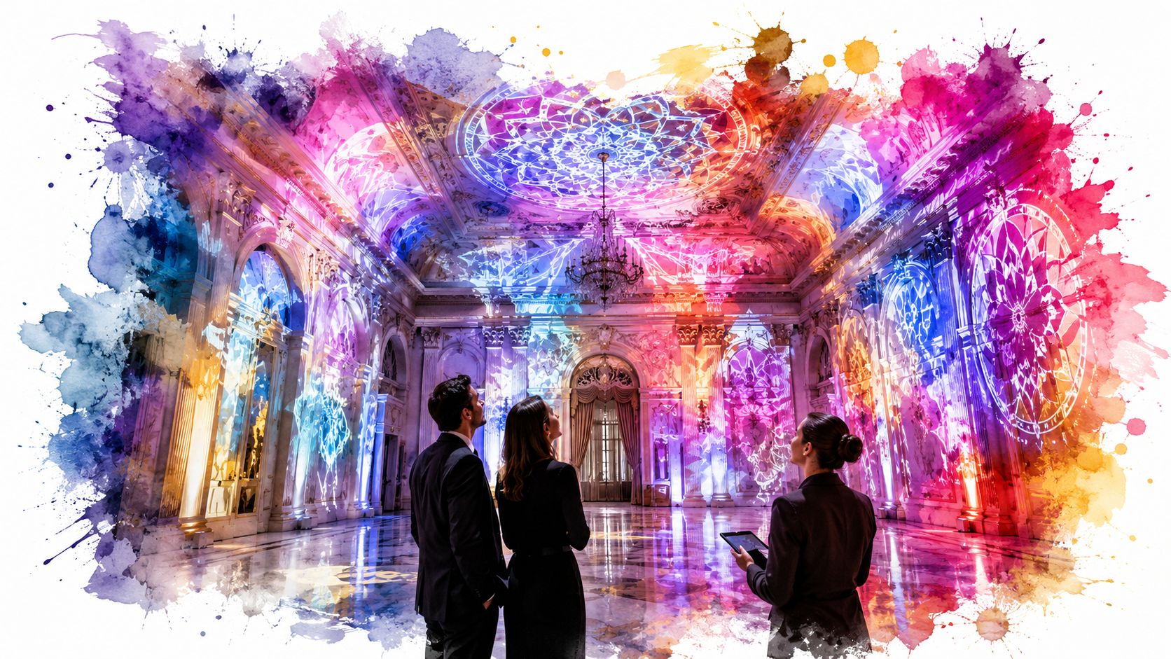 A group of professionals observing an immersive video mapping projection display inside a grand historic ballroom.