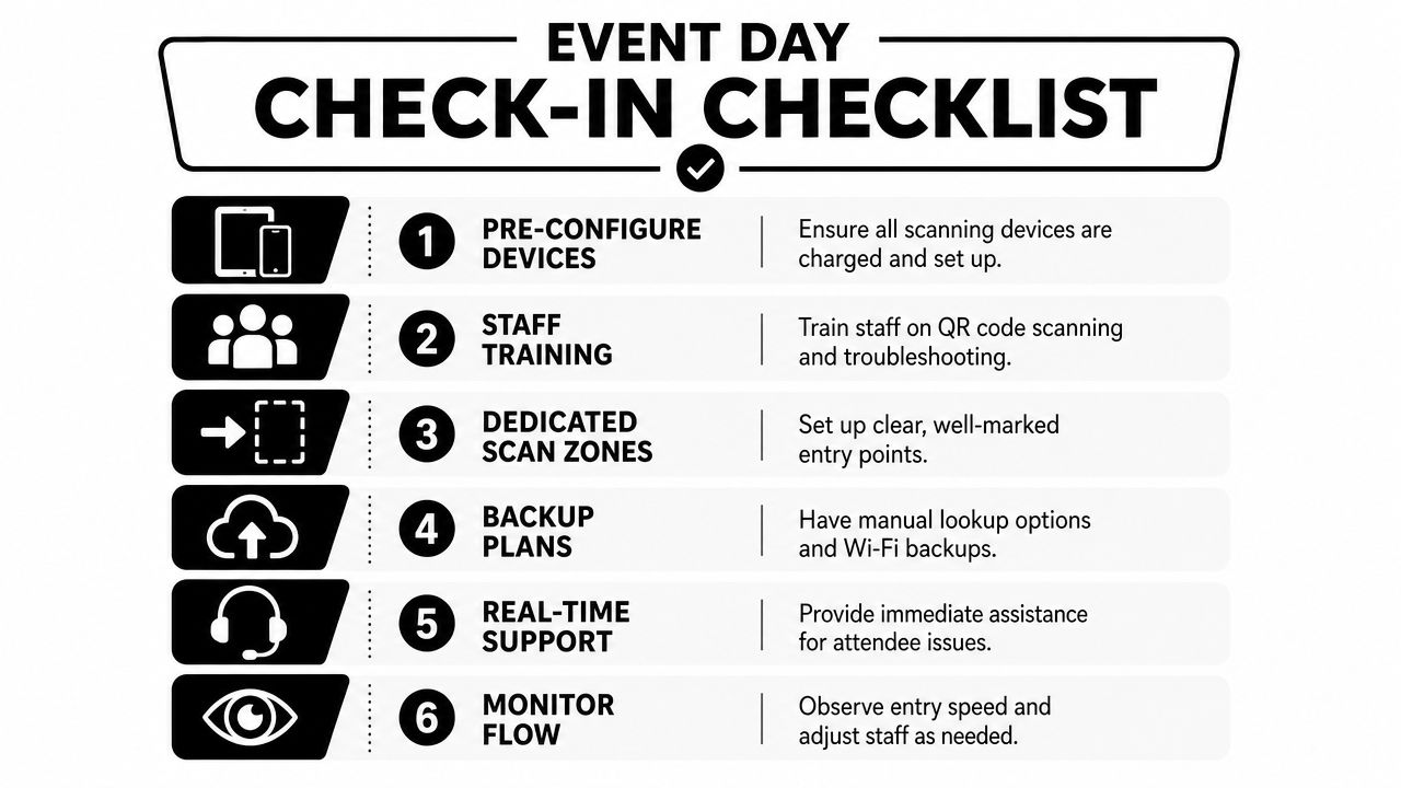 A six-step checklist for managing event day check-in procedures using digital scanning and staff coordination.