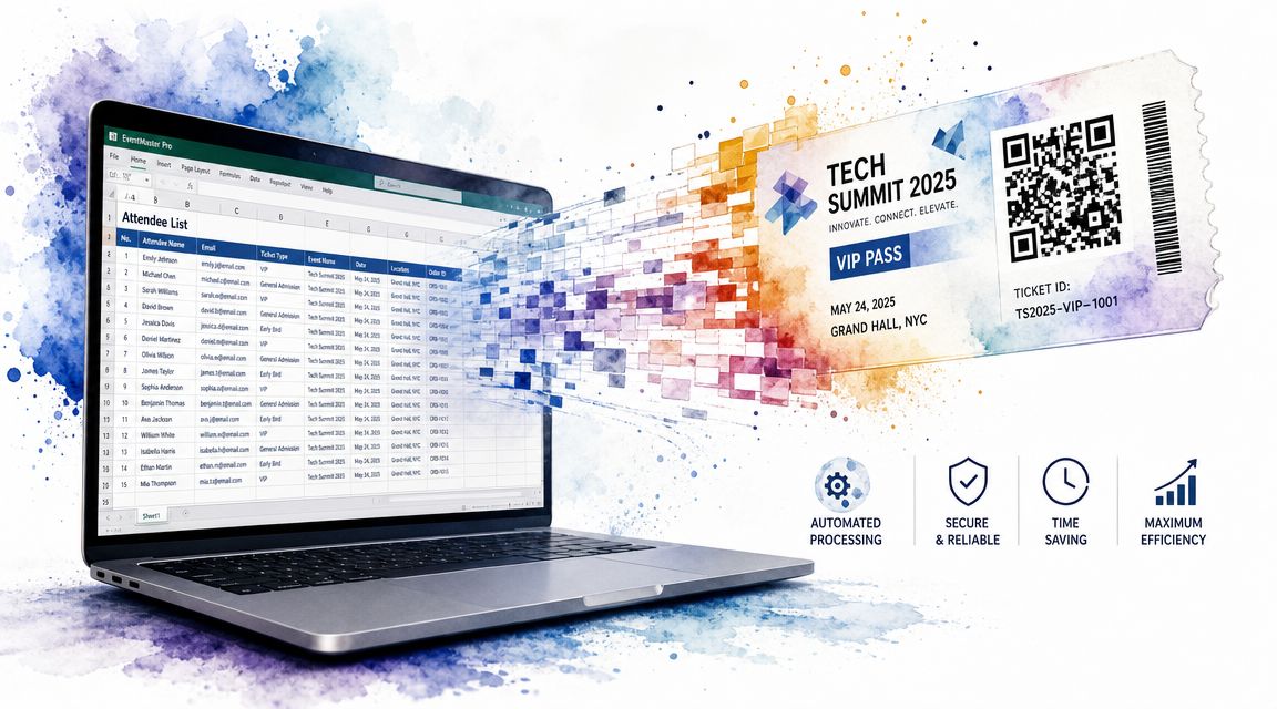 A digital illustration showing a laptop processing attendee data into a Tech Summit 2025 VIP ticket.