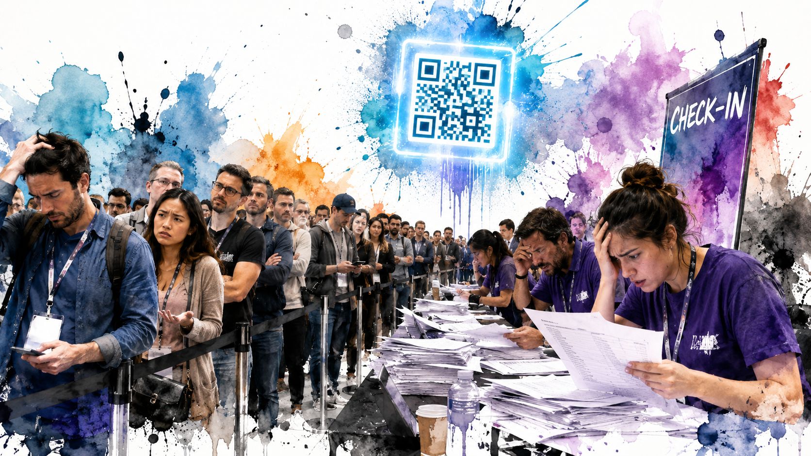 A long queue of people waiting for registration in front of a digital check-in desk with QR code.