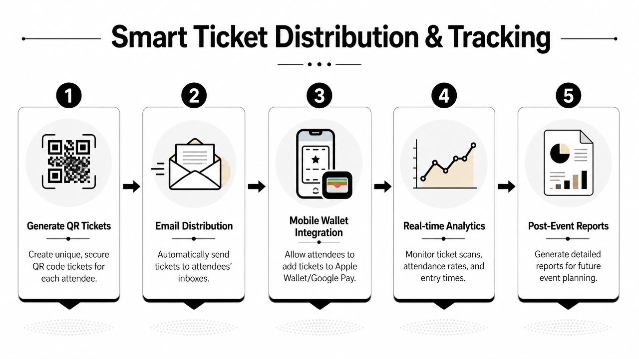 A five-step infographic showing the process of smart ticket distribution and tracking for event management.
