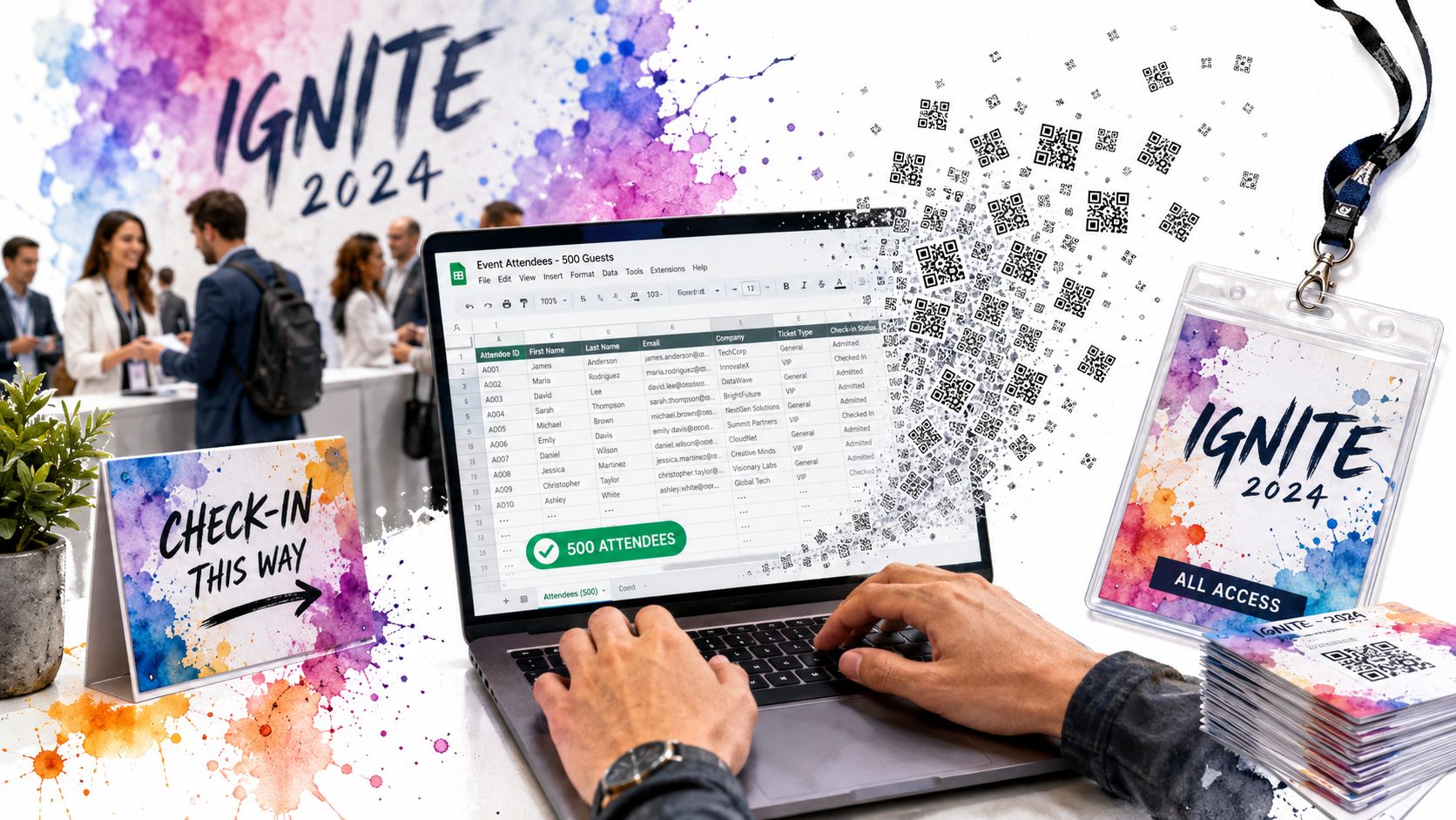 A person using a laptop with a Google Sheets event attendee list and QR code generator design.