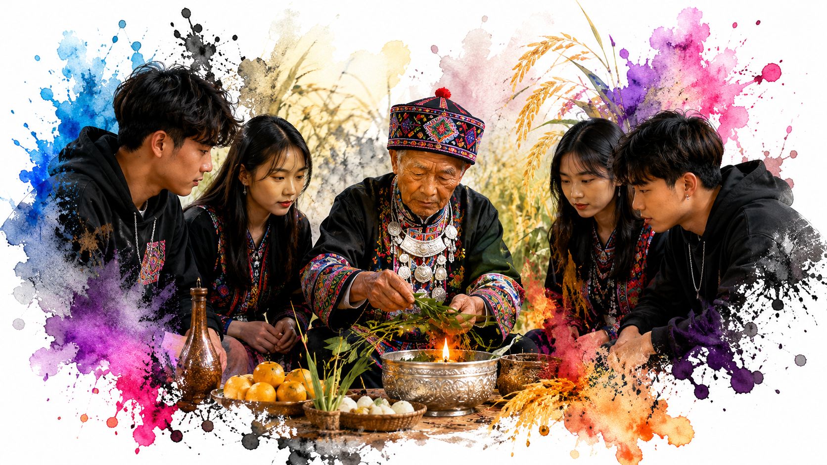 An elder Hmong person performs a traditional ceremony with younger family members in traditional clothing and hoodies.