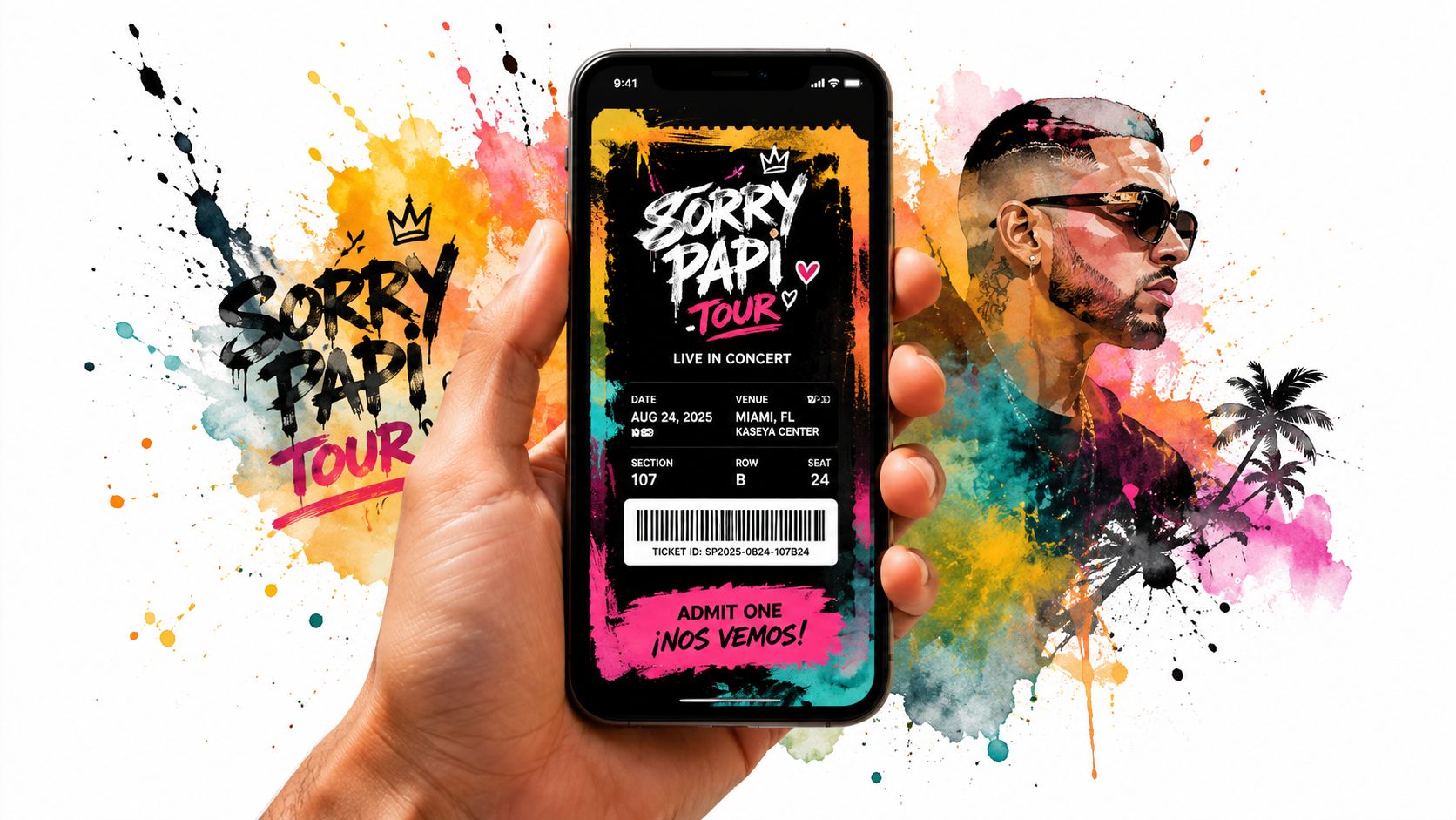 A hand holds a smartphone displaying a digital concert ticket for the Sorry Papi Tour in Miami.