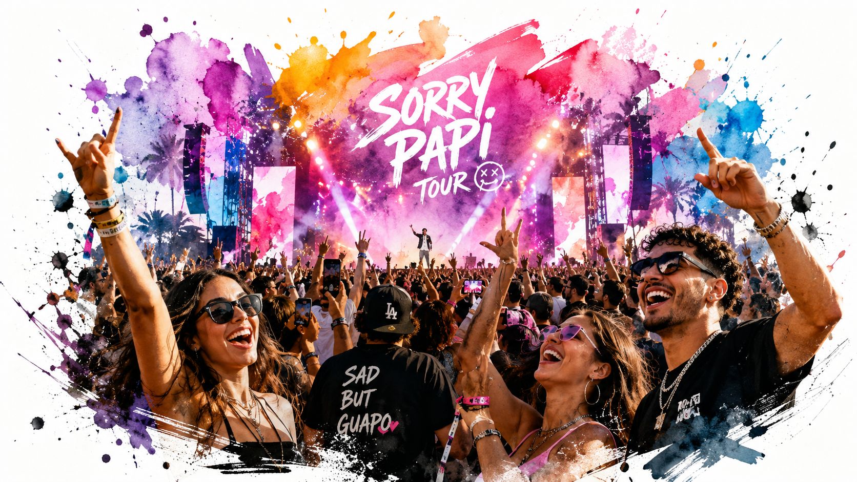 Excited crowd at the Sorry Papi Tour enjoying a live music festival concert with colorful artistic splashes.