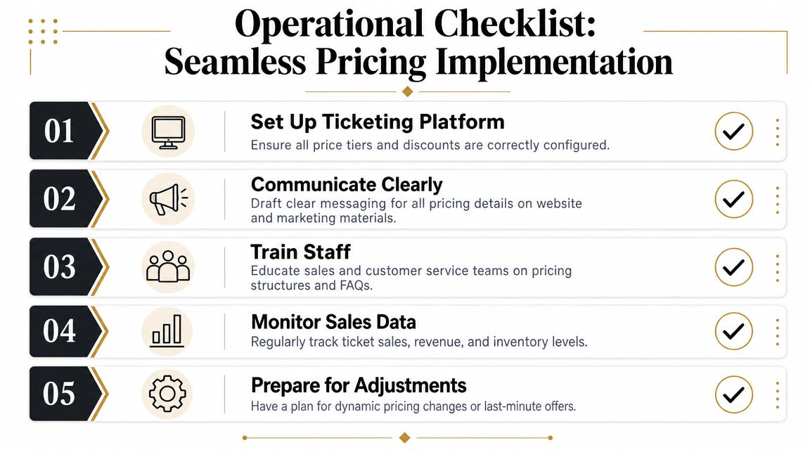 A five-step operational checklist for seamless pricing implementation, showing business strategies for ticketing and sales management.