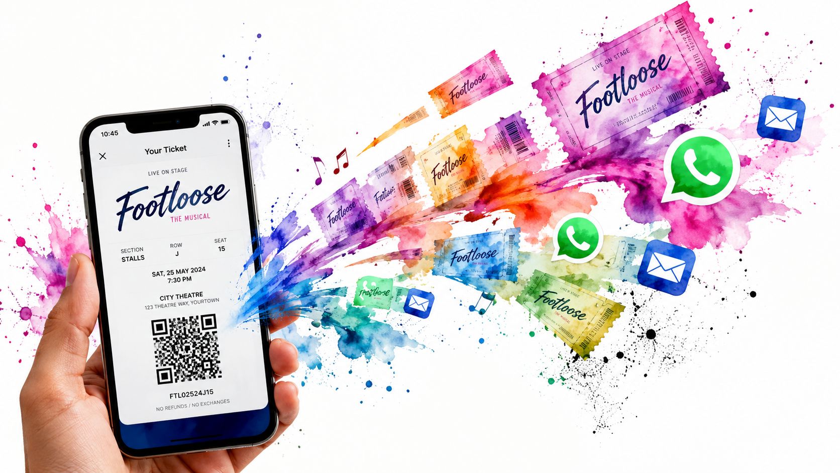 A hand holding a smartphone displaying a digital Footloose musical ticket with vibrant paint splatter graphics.