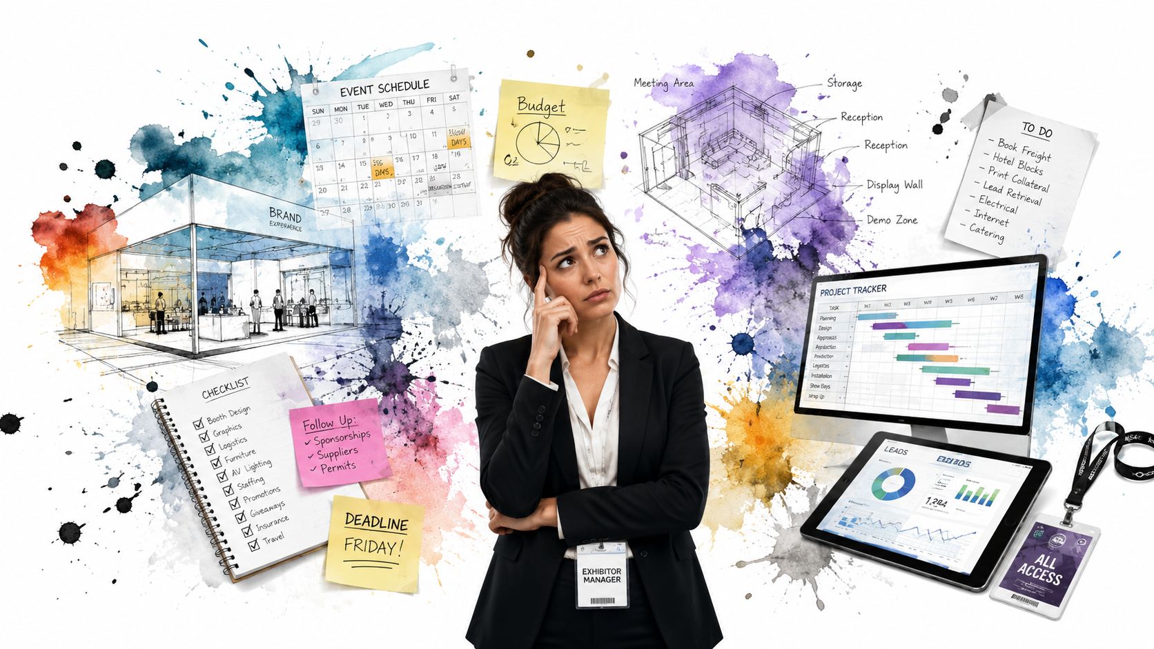 A contemplative event manager surrounded by trade show planning charts, checklists, schedules, and digital project tracking tools.