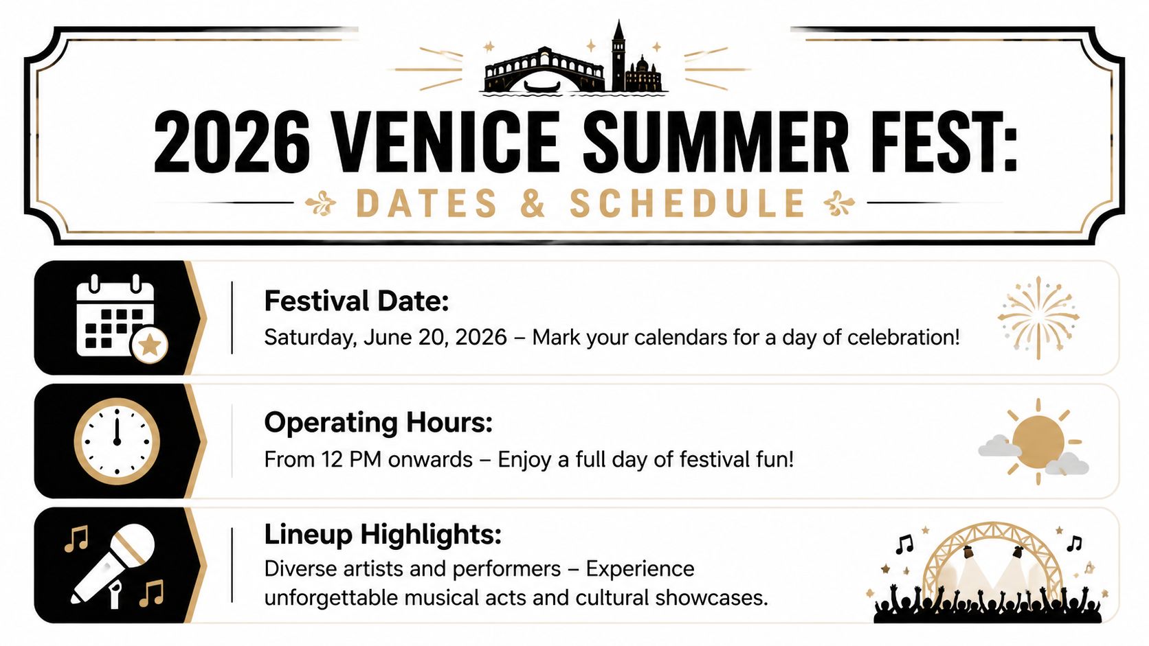 An informational graphic announcing the 2026 Venice Summer Fest, including the date, operating hours, and musical lineup details.