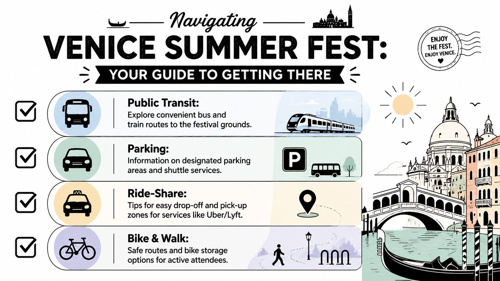 An infographic titled Navigating Venice Summer Fest explaining four ways to travel to the event.