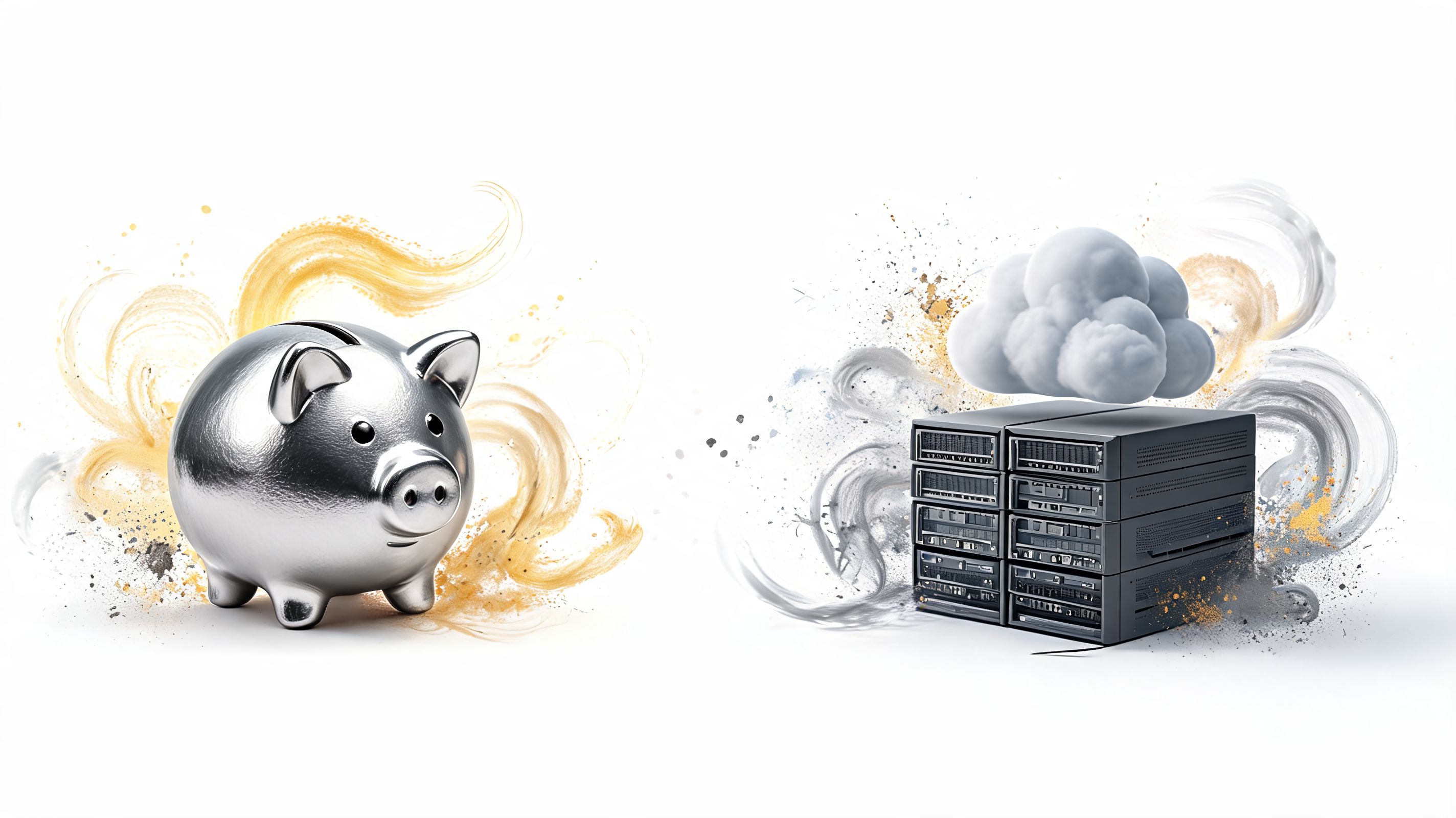 A silver piggy bank on the left and a server rack with a cloud icon on the right.