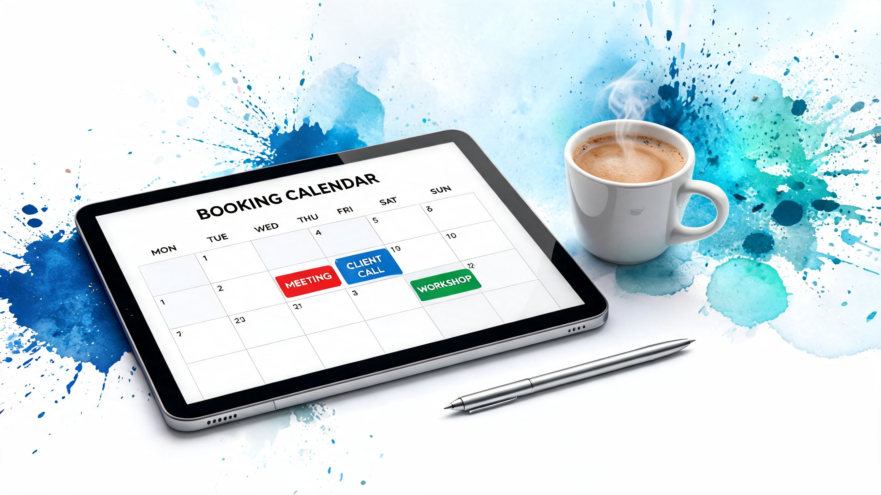 A digital tablet displaying a booking calendar with coffee and a pen on a creative background.