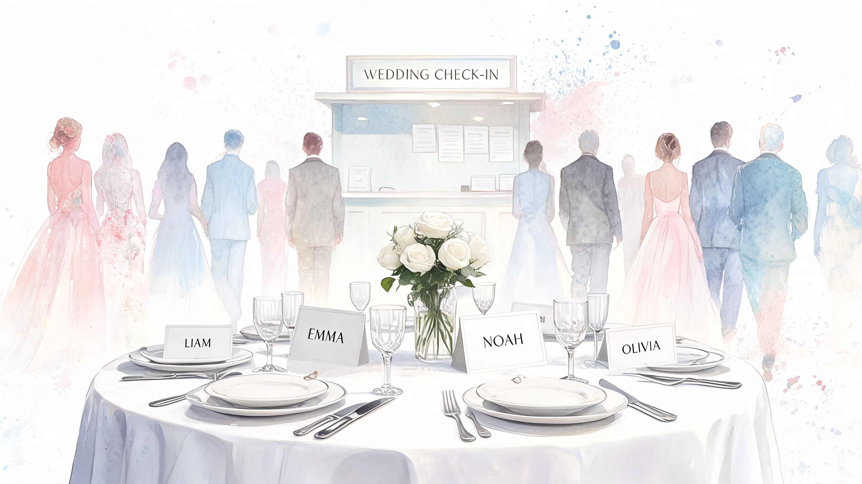 A watercolor illustration of a wedding reception table setting with place cards for guests, featuring a check-in area.