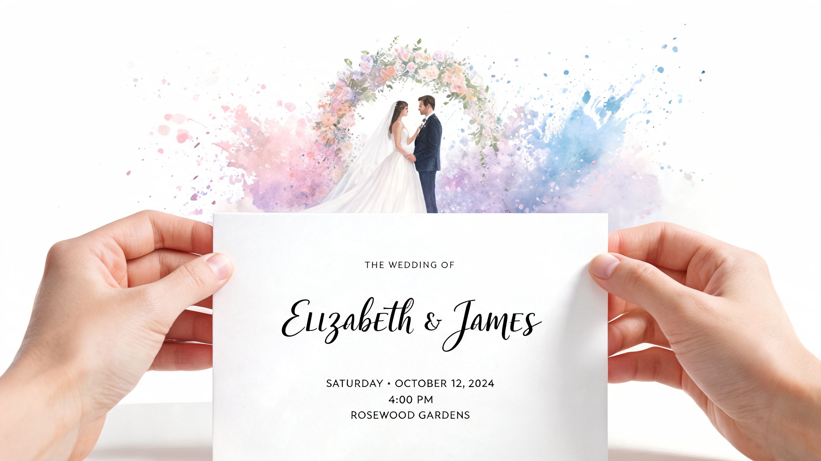 A person holds a wedding invitation for Elizabeth and James at Rosewood Gardens in October 2024.