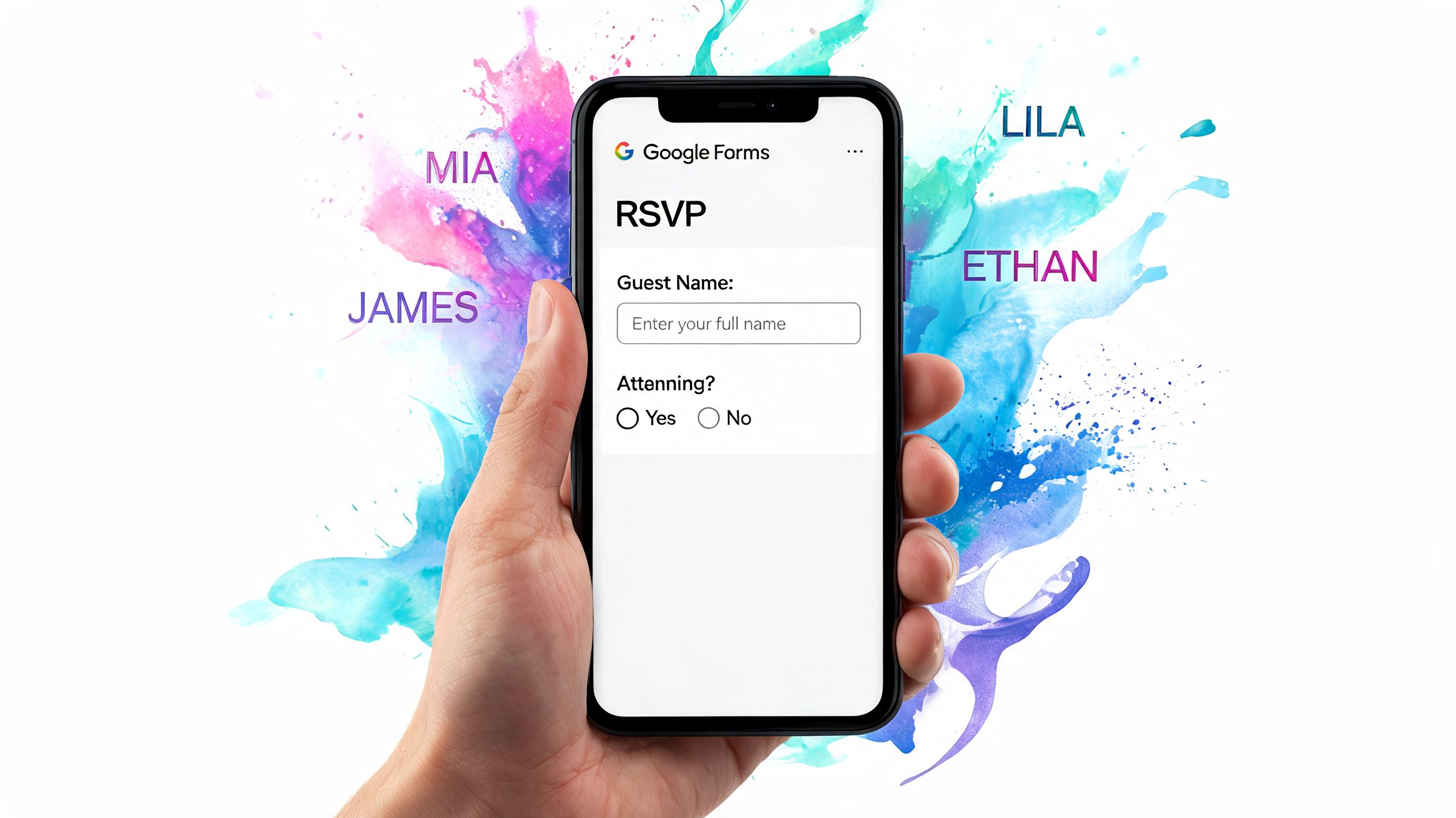A smartphone held in a hand showing a digital RSVP Google Form for event guest management.